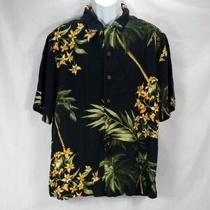 Caribbean Joe Black Tropical Floral Button-Down Shirt